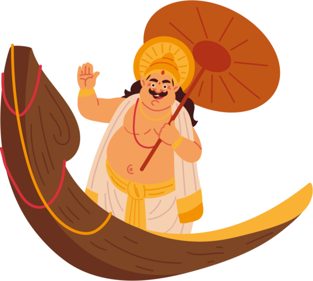 Illustration of King Mahabali — Maveli — waving from a snake boat beneath a festive parasol.